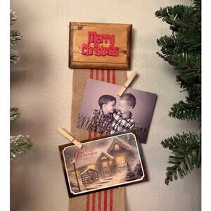 Merry Christmas Holiday Card Holder Wooden Topper Burlap Ribbon